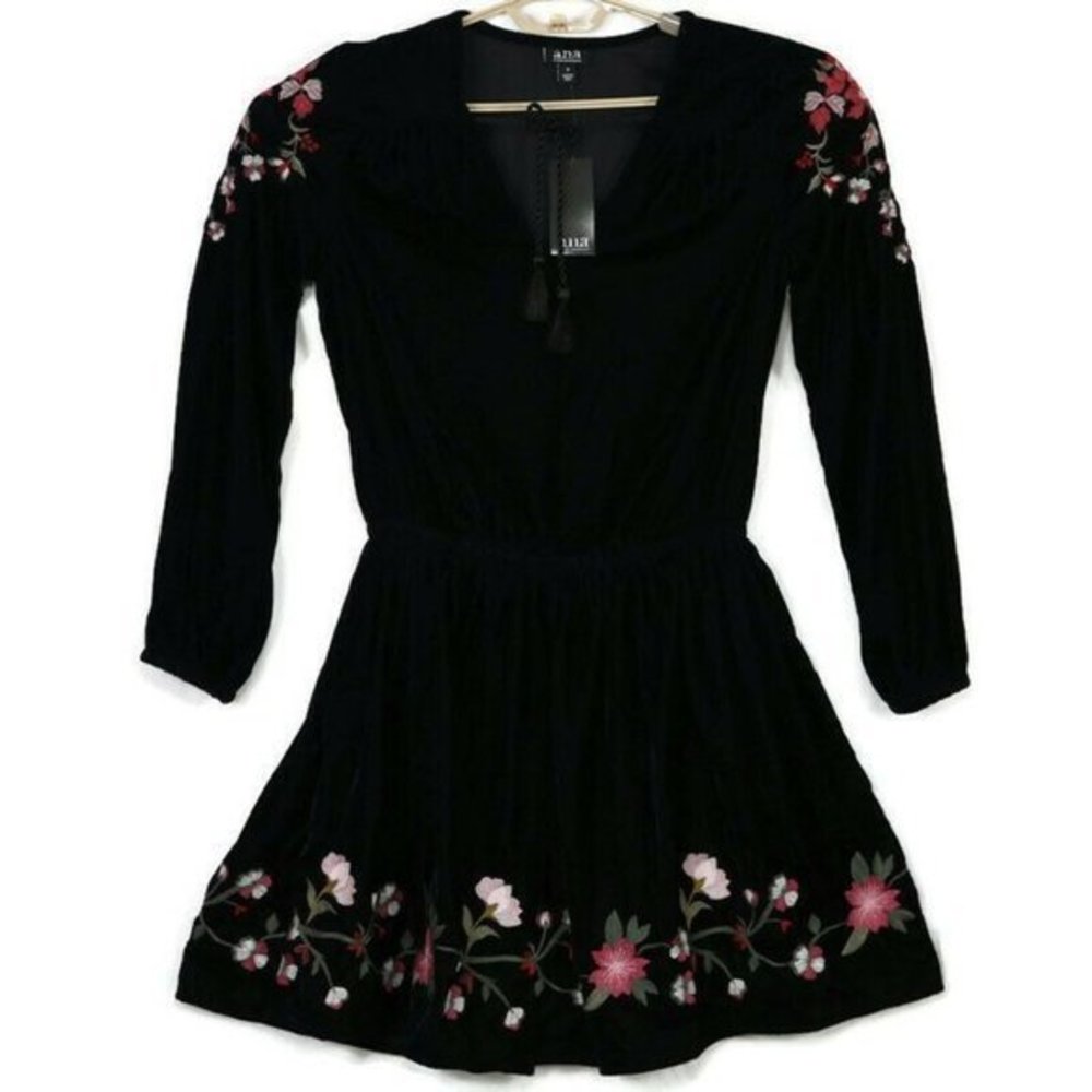 a.n.a Dress Black Velvet‎ Velour Floral Embroidered Boho Peasant S Small